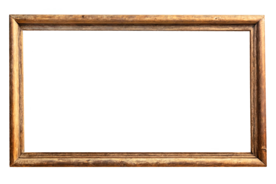 Old brown wooden frame on a white and transparent background. PNG.
