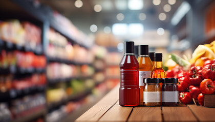 products on a blurred supermarket background with bokeh.
