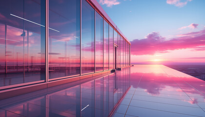 reflection of a pink sunset on the facade of a glass office buildin