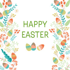 Happy Easter greeting card. Cute spring background with eggs and plants, flowers. Colorful flat vector templates for social media post, online advertising, flyer, invitation square design