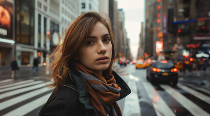 young attractive woman with a natural look walks across the street in a big city looking at the camera - 755589348