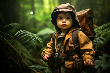An adventurous baby eager to discover the world dressed as an adventurous explorer in the jungle, Concept of fears, learning, knowledge, discovering, investigating.