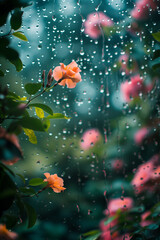 beautiful flowers in the garden with raindrops in the background
