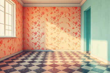 Vintage orange floral wallpaper in empty room with checkered floor