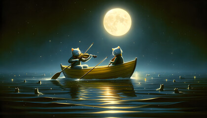 a serene night scene on water. In a small yellow boat, we see two anthropomorphic cats one is rowing with determination, and the other, elegantly dressed, is playing the violin - obrazy, fototapety, plakaty
