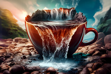 A waterfall pouring out from a cup, creating a mesmerizing effect. - obrazy, fototapety, plakaty