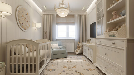 Nursery interior design, baby room furniture cozy.