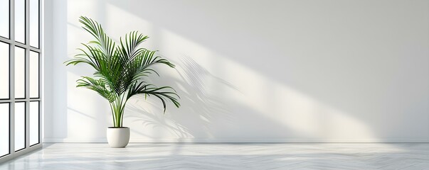 Empty white living room with a single potted plant . Concept Minimalist Decor, Indoor Plants, White Interiors, Home Décor