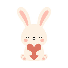Cute lovable bunny with hart. Cartoon rabbit character for kids cards, baby shower, invitation, poster. Vector stock illustrati