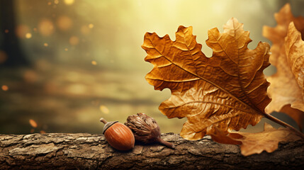 Oak leaf, acorn on oak tree background. --