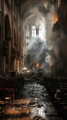The solemn stillness of the nave in Notre Dame is disrupted by the swirling smoke and scattered rubble a haunting reminder of the violence and destruction of the French Revolution. - obrazy, fototapety, plakaty