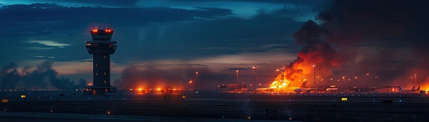 on the left of the screen is an air traffic control tower of a regional airport thats on fire at night documentary - obrazy, fototapety, plakaty