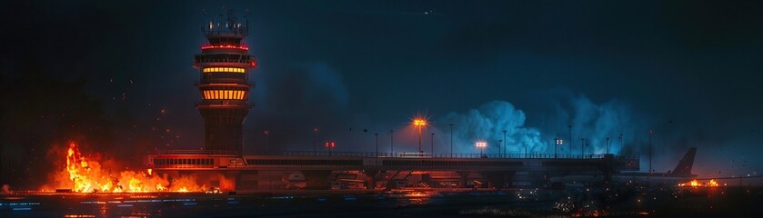 on the left of the screen is an air traffic control tower of a regional airport thats on fire at night documentary - obrazy, fototapety, plakaty
