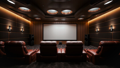 Interior of a movie theater with red leather armchairs and a large plasma screen.