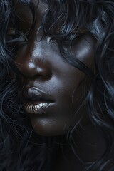 A close-up portrait showcasing intricate details of black hair glossy