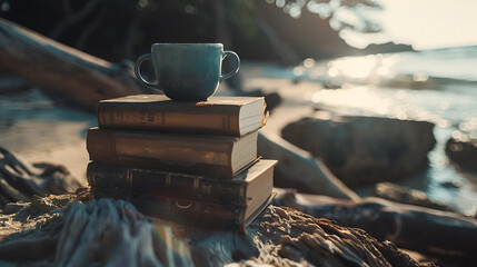 Aesthetic wide angle photograph of a pile of books and a coffee mug at a tropical beach. Sunlight. Product photography. Advertising. World book day.