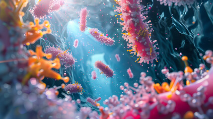 An intricately designed 3D model of the active exchanges occurring between micronutrients and healthy bacteria