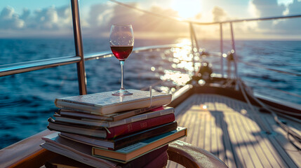 Aesthetic wide angle photograph of a pile of books and a red wine glass on a yacht deck at sea....