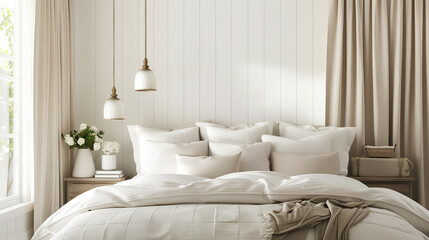 Country interior design of modern bedroom with white and cream pillows on bed