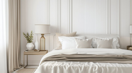 Fototapeta na wymiar Country interior design of modern bedroom with white and cream pillows on bed