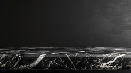 Empty marble black table countertop on black background, 