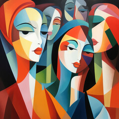 Colorful cubist depiction of abstract female faces