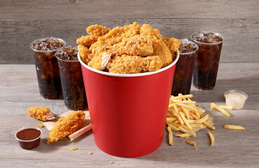 breaded fried chicken bucket with drink and french fries combo  wood background © Romaissa