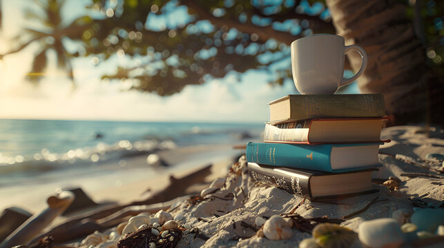 Aesthetic wide angle photograph of a pile of books and a coffee mug at a tropical beach. Sunlight. Product photography. Advertising. World book day.