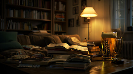 Aesthetic wide angle photograph of a pile of books and a beer pint glass in a living room. Moonlight. Dim lights. Product photography. Advertising. World book day. - obrazy, fototapety, plakaty
