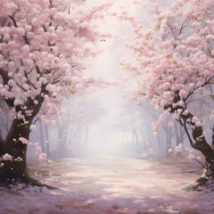 Sublime Spring Splendor: An Ethereal Field of Rosy Cherry Blossoms Underneath a Pastel Sky - obrazy, fototapety, plakaty