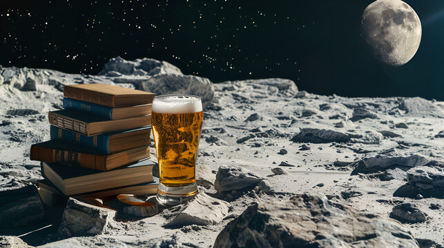 Aesthetic wide angle photograph of a pile of books and a beer pint glass floating in space. Stars. Product photography. Advertising. World book day.