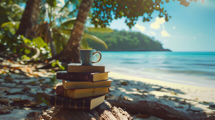 Aesthetic wide angle photograph of a pile of books and a coffee mug at a tropical beach. Sunlight. Product photography. Advertising. World book day.