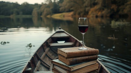 Aesthetic wide angle photograph of a pile of books and a red wine glass on a rowing boat in a lake....