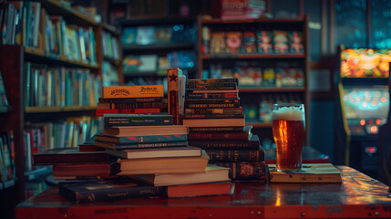 Aesthetic wide angle photograph of a pile of books and a beer pint glass in a 90s arcade center. Product photography. Advertising. World book day. - obrazy, fototapety, plakaty
