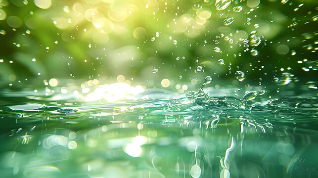 An abstract blurred transparent green colored clear calm water surface texture with splashing, bubbles. Shining green ripples on a swimming pool surface. Coastal green water texture.