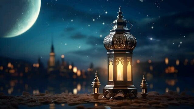 ramadan decoration with arabic lentern in the night. seamless looping time-lapse virtual 4k video animation background.