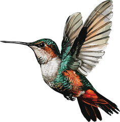 Obraz premium Picture depicting a hovering hummingbird. Visual portrayal of a vibrant, multi-hued bird against a clear backdrop.