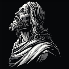 Vector illustration of Jesus Christ depicted in black and white, isolated from background. - obrazy, fototapety, plakaty