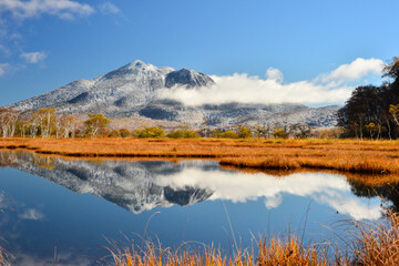 尾瀬ケ原の紅葉と新雪の燧ケ岳