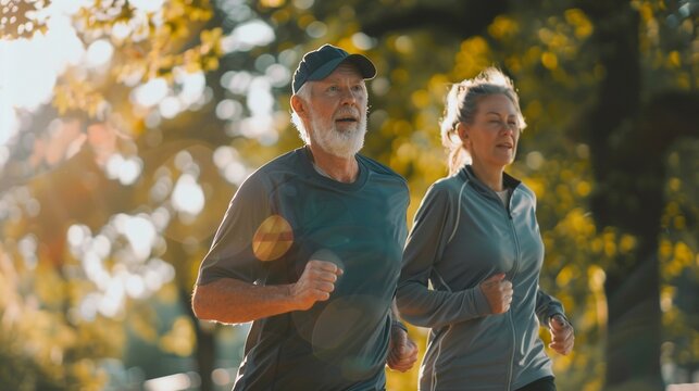 Active Lifestyle: Old Senior Couple Enjoying Morning Jogging in City Park