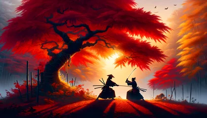 Foto auf Acrylglas the intensity of two samurai in the midst of a duel under a momiji, or Japanese maple tree, in the full splendor of the fall. The leaves of the tree in vibrant shades of red, orange, and gold © Tanicsean
