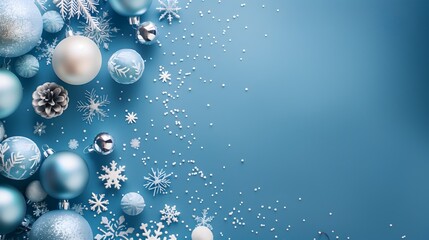 Blue Background with Christmas Ornaments And Snowflakes on the Left Side