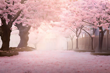 Sublime Spring Splendor: An Ethereal Field of Rosy Cherry Blossoms Underneath a Pastel Sky - obrazy, fototapety, plakaty