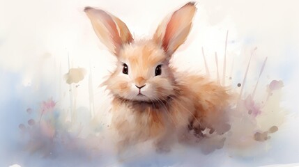 Fluffy Easter bunny in watercolor with a soft gaze