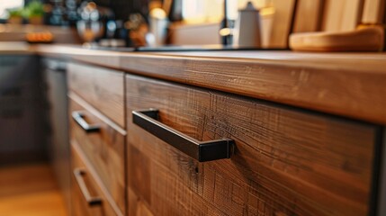 Close-Up of Kitchen Cabinet Countertop with Wooden Finishing