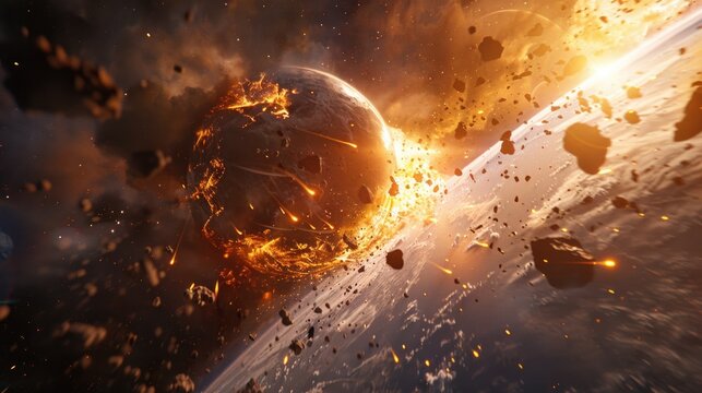 A stunning visualization of a cataclysmic planetary collision in a distant galaxy, with fiery debris and a dramatic explosion against the darkness of space.