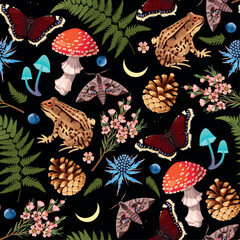 Vector pattern with forest flora and fauna - 755593943