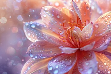 Fototapeta premium Dew-kissed orange blossom radiates under a shimmering bokeh backdrop