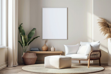 Blank vertical poster frame mockup above a beige-white wall in a living room with an armchair and a coffee table. mockup poster in a modern apartment background. Modern Scandinavian interior