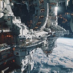 An otherworldly scene brought to life with the stunning realism of an Octane render showcasing the intricate details of a futuristic space station against the vast backdrop of space.